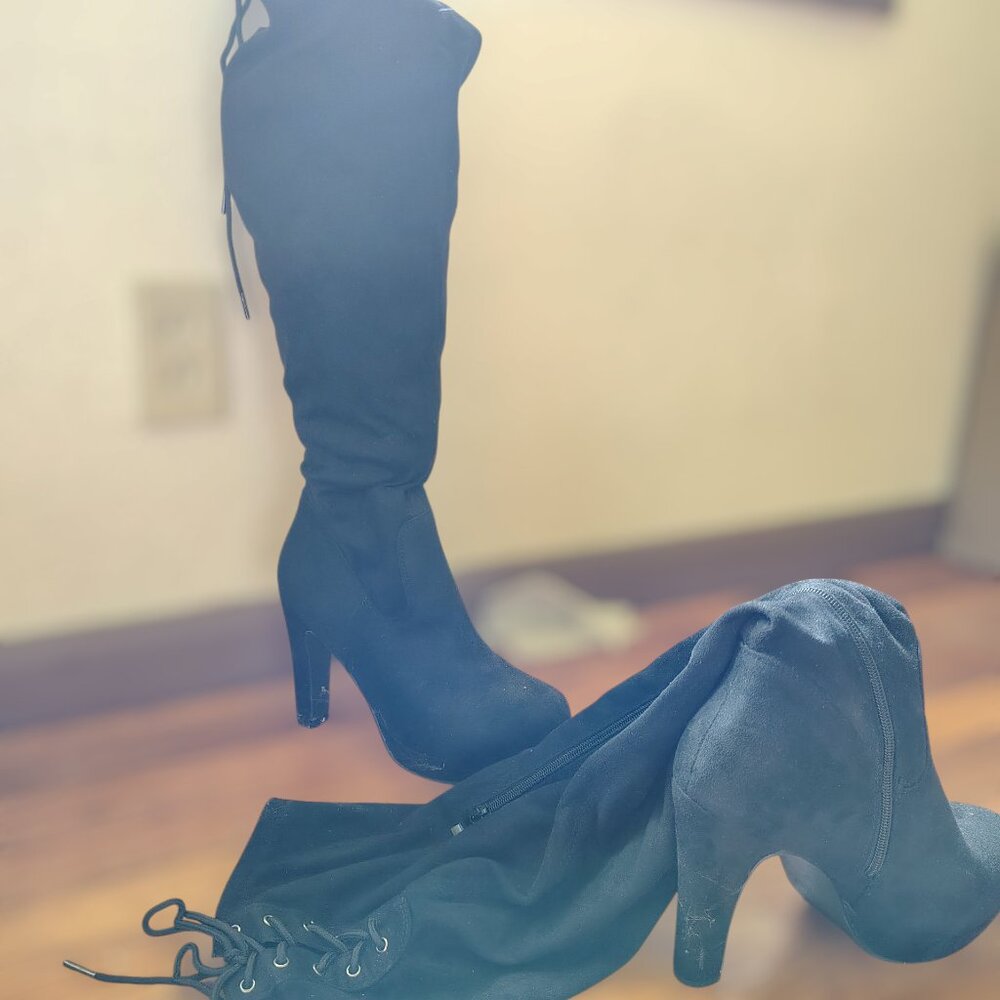 Torrid Black Over-the-Knee Boots • Size 10 WW • Block Heel + Lace-Up Back